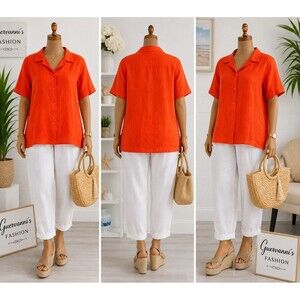 Josephine Chaus Womens 18 1X Blouse Orange 100% Linen Button Front Plus Size Shi